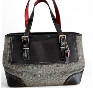 Coach Herringbone Tote Bag, Grey Wool & Black Leather, G04J-1408 Handbag
